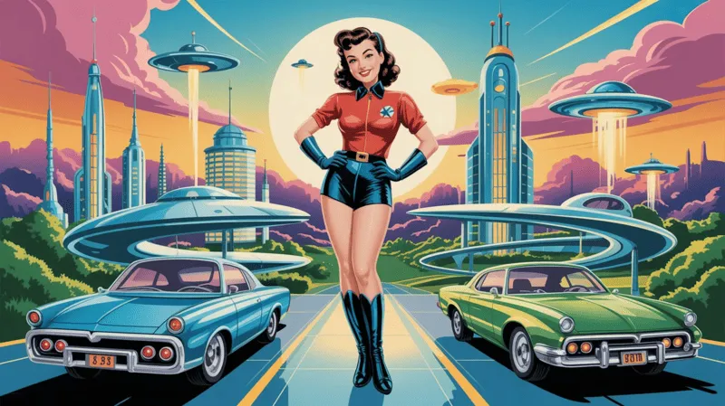 Vintage pin-up painting style, gorgeous retro-futuristic classic pin-up girl standing confidently and smiling, playful pose, wearing a stylized shiny atomic-age rocket girl uniform with high boots and gloves, 1950s hairstyle.