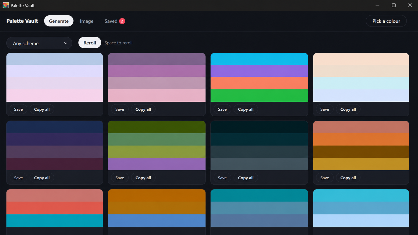 The Palette Vault desktop app showing a grid of generated four-color palettes