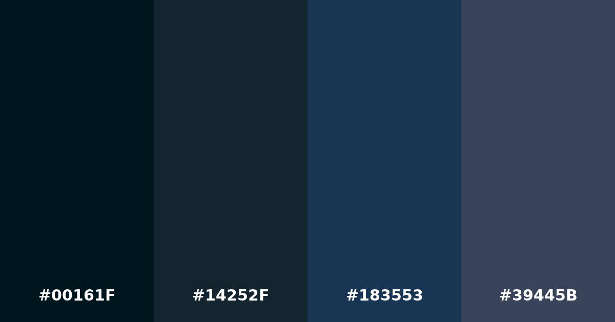 Color palette #00161F #14252F #183553 #39445B