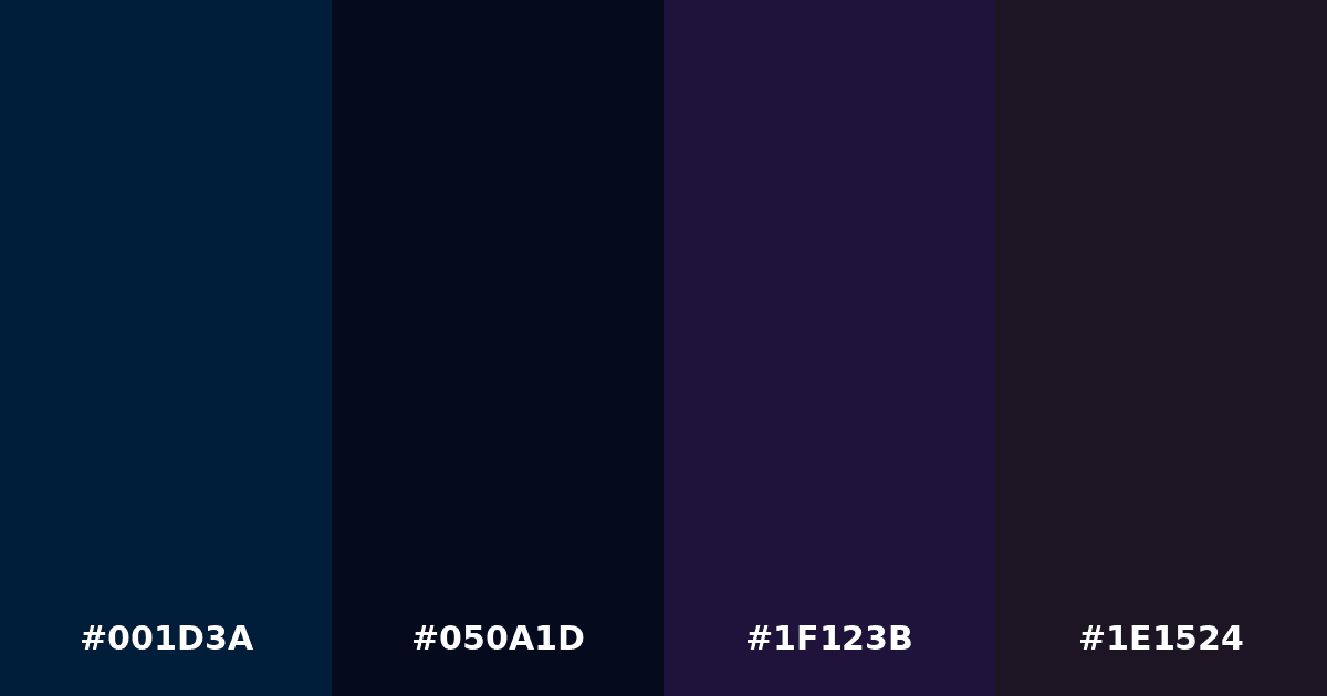 Color palette #001D3A #050A1D #1F123B #1E1524