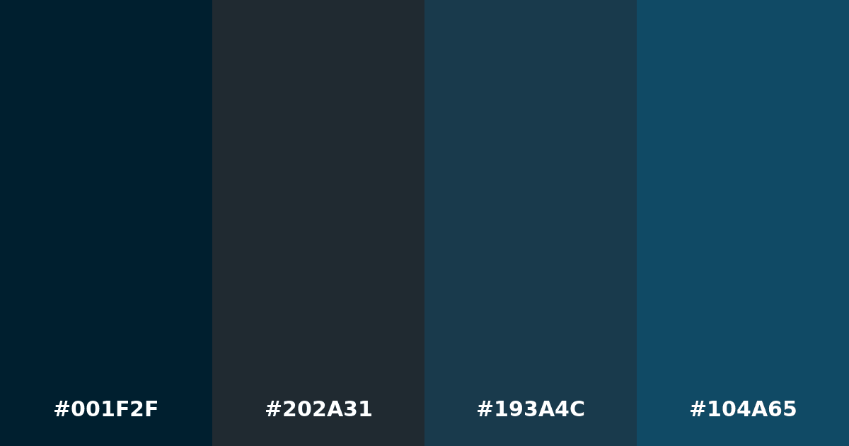 Color palette #001F2F #202A31 #193A4C #104A65