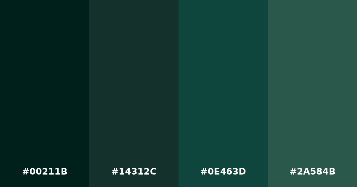 Color palette #00211B #14312C #0E463D #2A584B