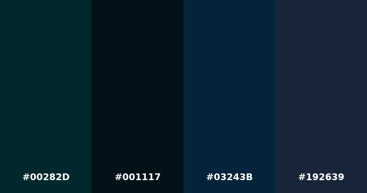 Color palette #00282D #001117 #03243B #192639