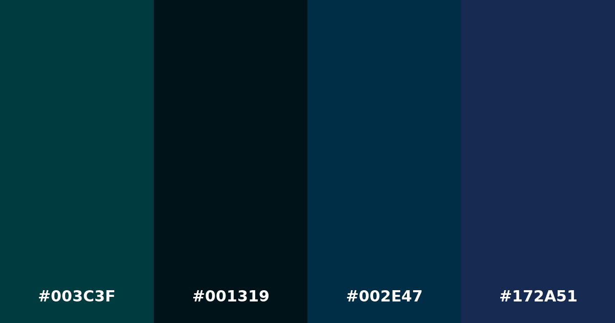 Color palette #003C3F #001319 #002E47 #172A51