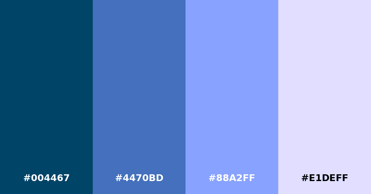 Color palette #004467 #4470BD #88A2FF #E1DEFF
