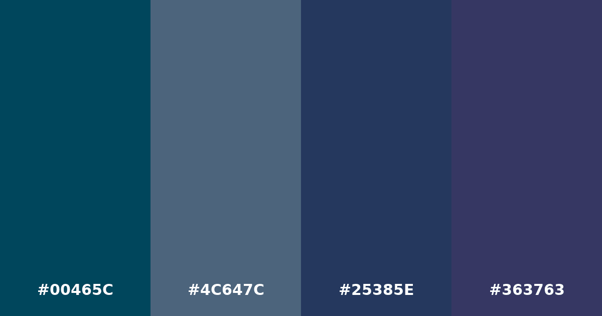 Color palette #00465C #4C647C #25385E #363763