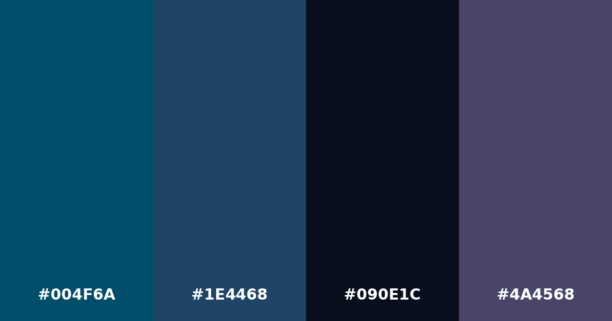 Color palette #004F6A #1E4468 #090E1C #4A4568