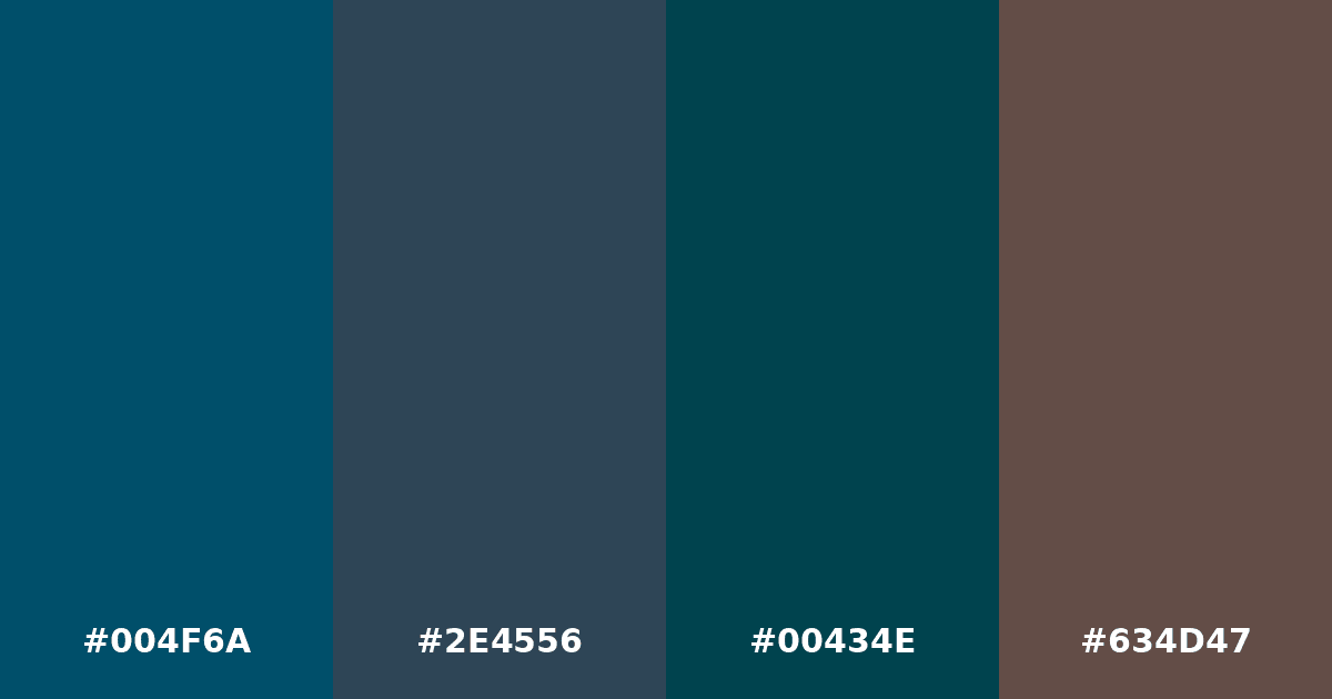 Color palette #004F6A #2E4556 #00434E #634D47