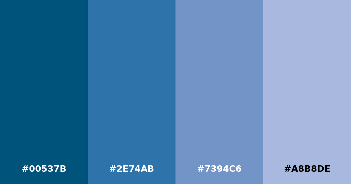 Color palette #00537B #2E74AB #7394C6 #A8B8DE