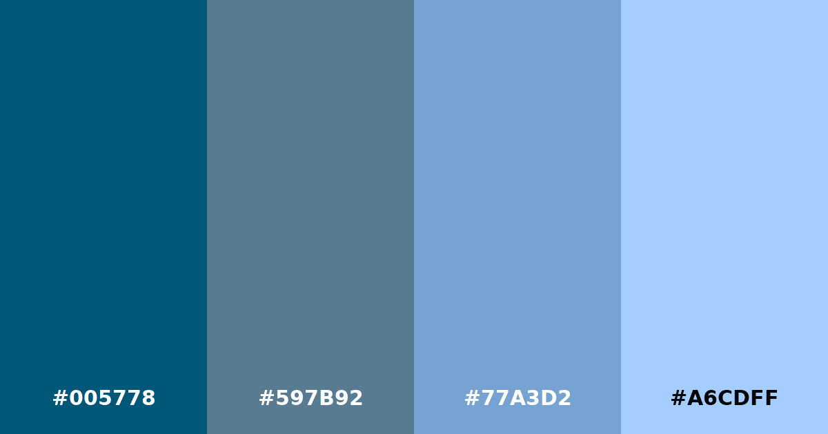 Color palette #005778 #597B92 #77A3D2 #A6CDFF