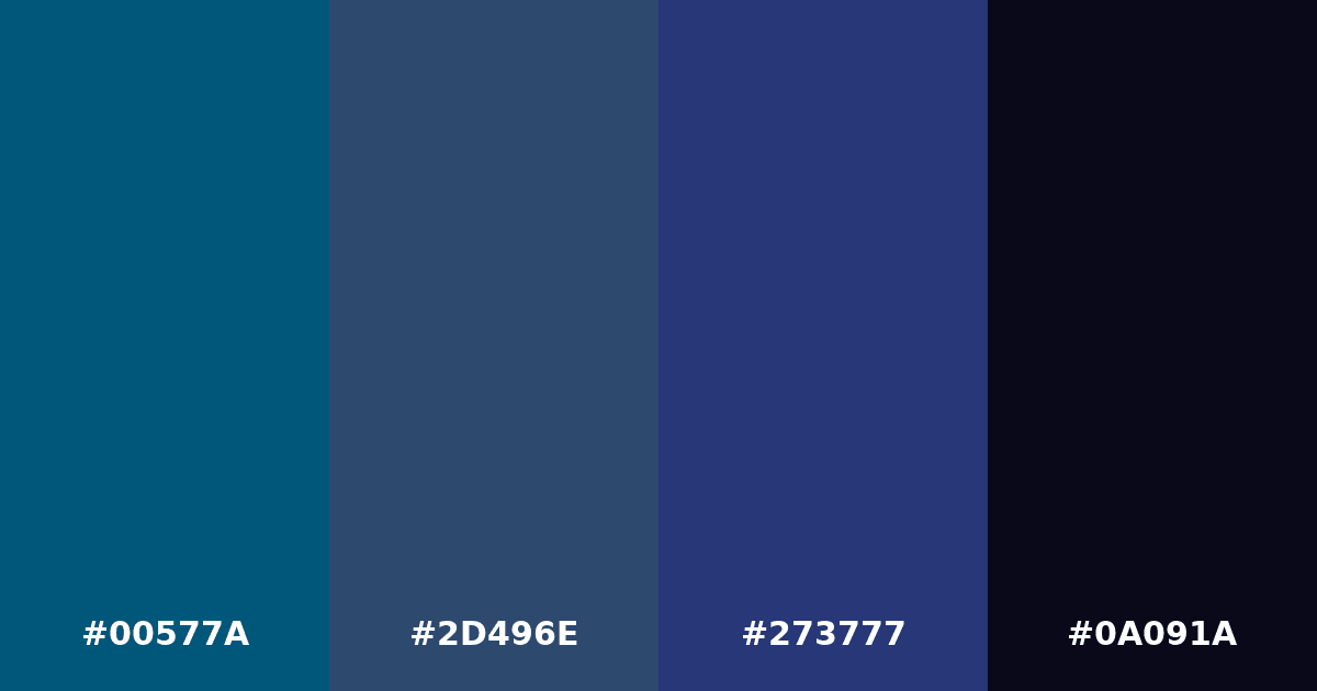 Color palette #00577A #2D496E #273777 #0A091A