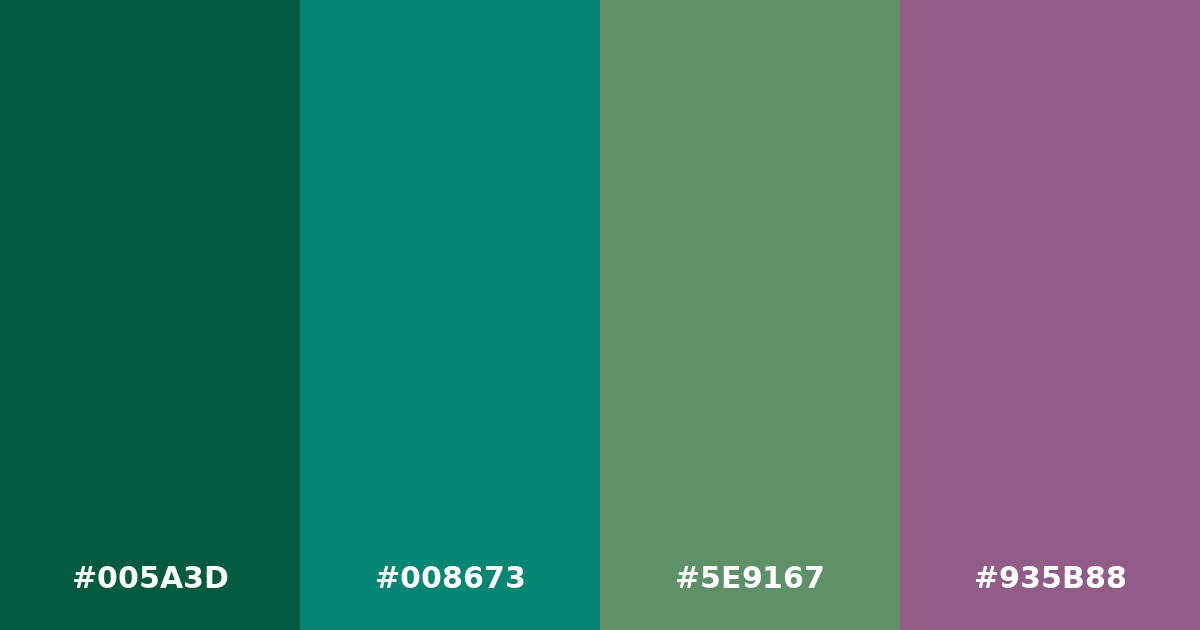 Color palette #005A3D #008673 #5E9167 #935B88