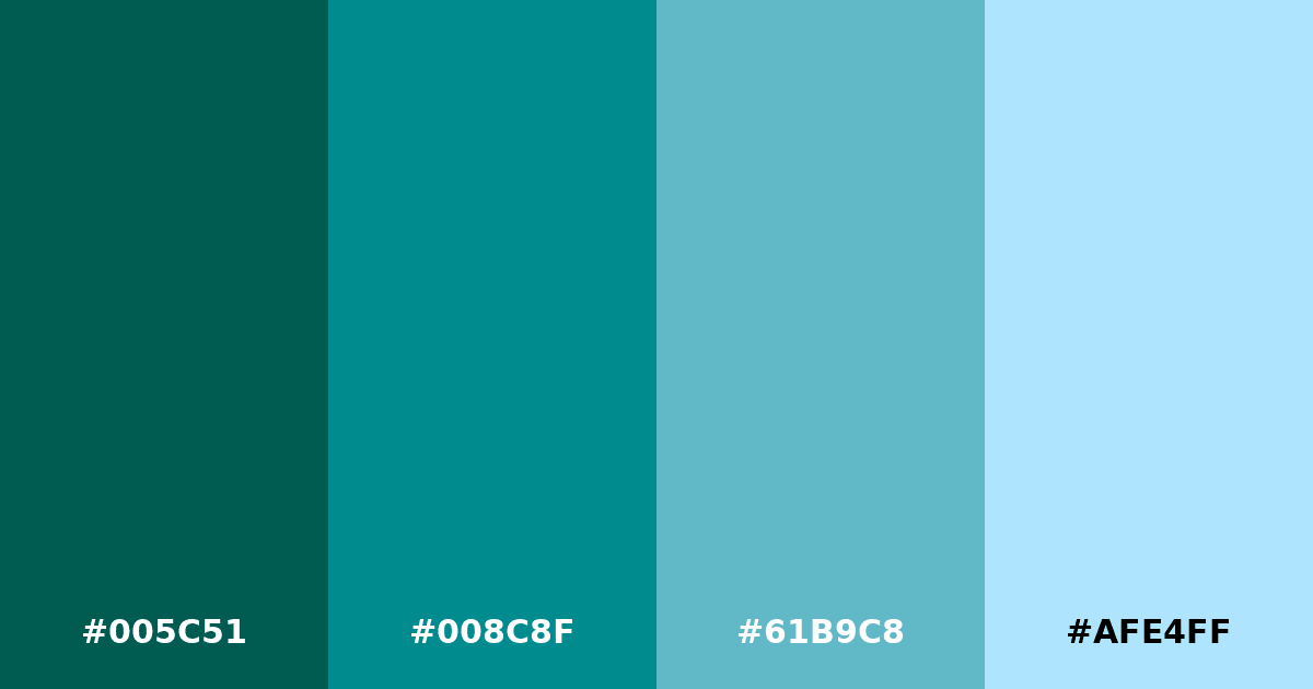 Color palette #005C51 #008C8F #61B9C8 #AFE4FF