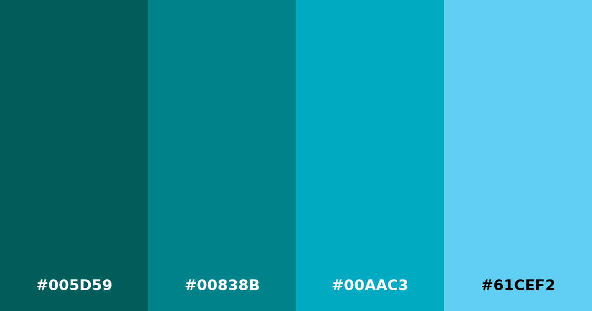 Color palette #005D59 #00838B #00AAC3 #61CEF2