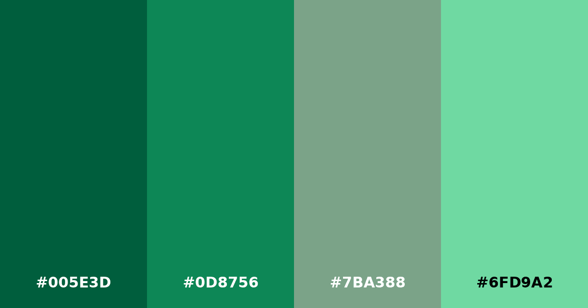 Color palette #005E3D #0D8756 #7BA388 #6FD9A2