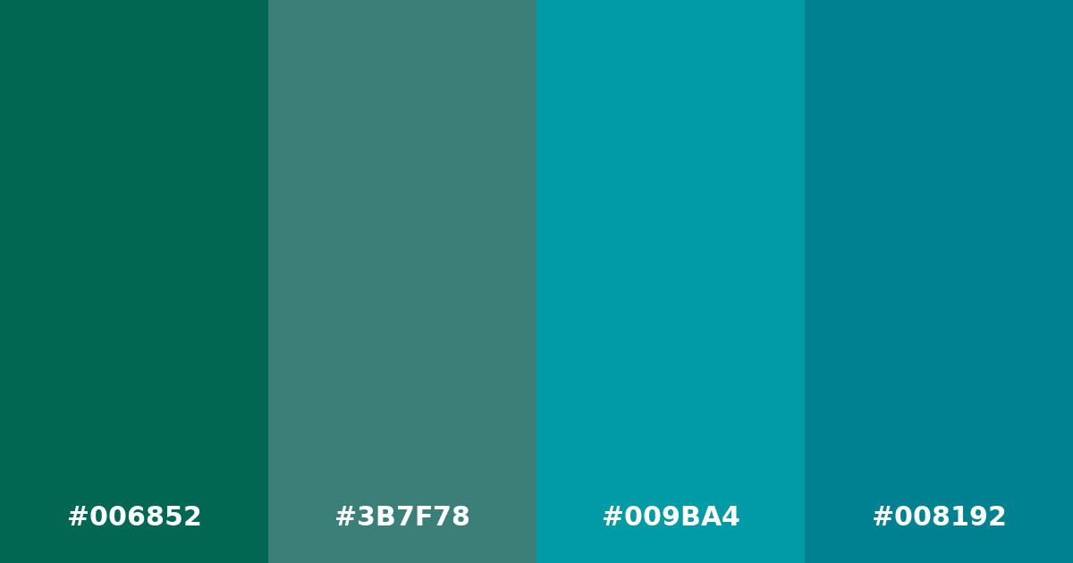 Color palette #006852 #3B7F78 #009BA4 #008192