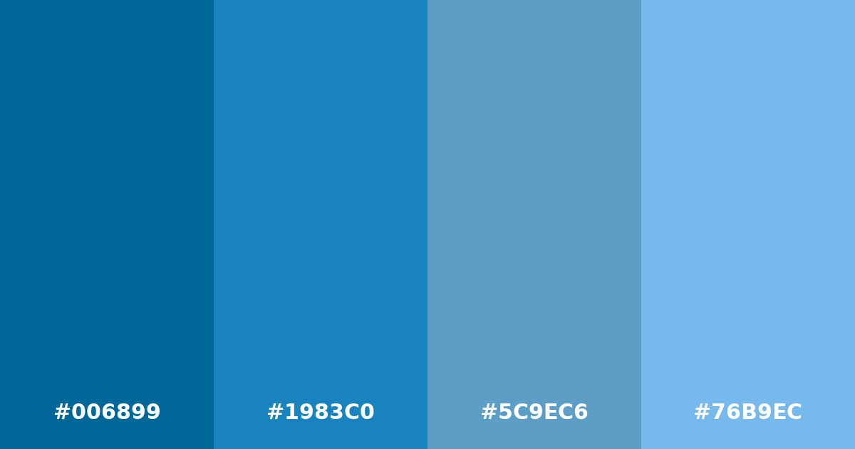 Color palette #006899 #1983C0 #5C9EC6 #76B9EC