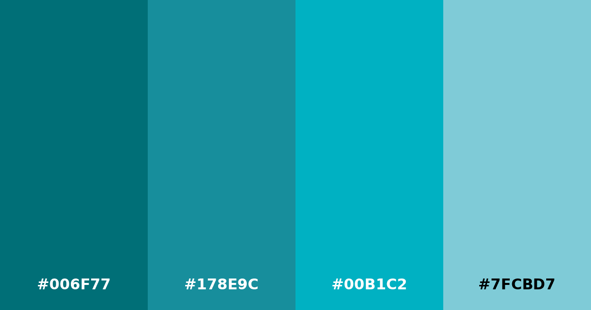 Color palette #006F77 #178E9C #00B1C2 #7FCBD7