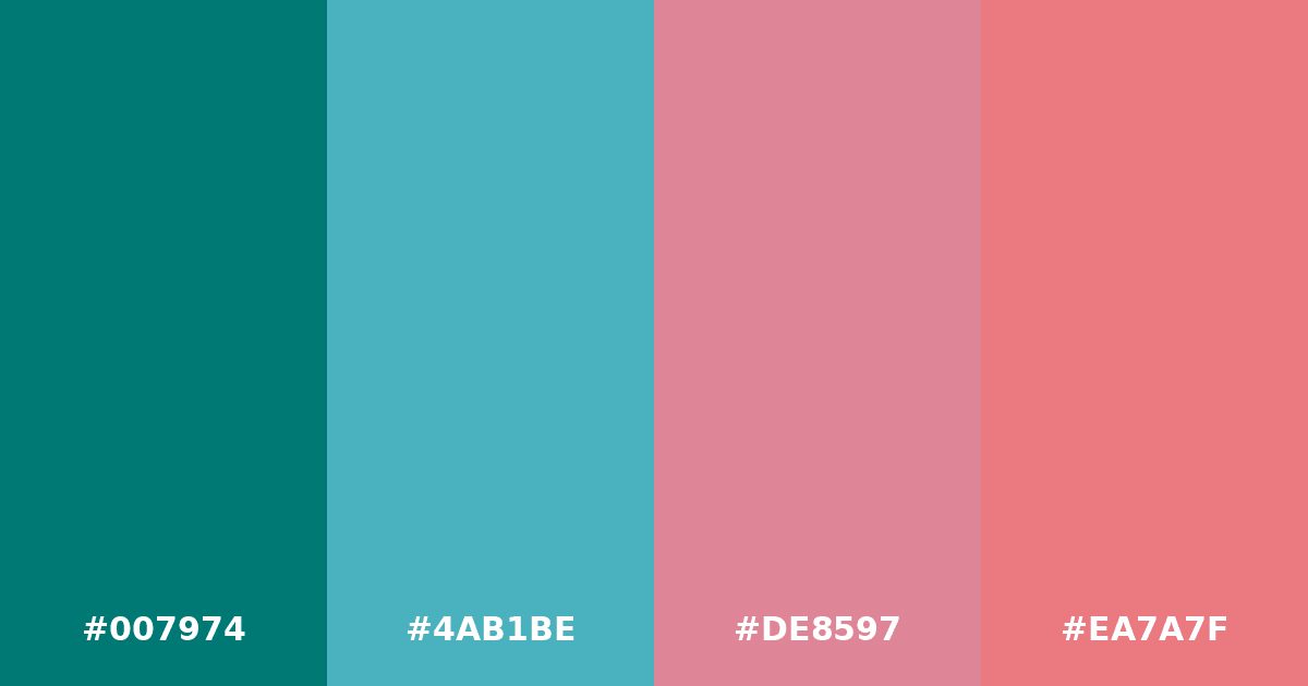 Color palette #007974 #4AB1BE #DE8597 #EA7A7F