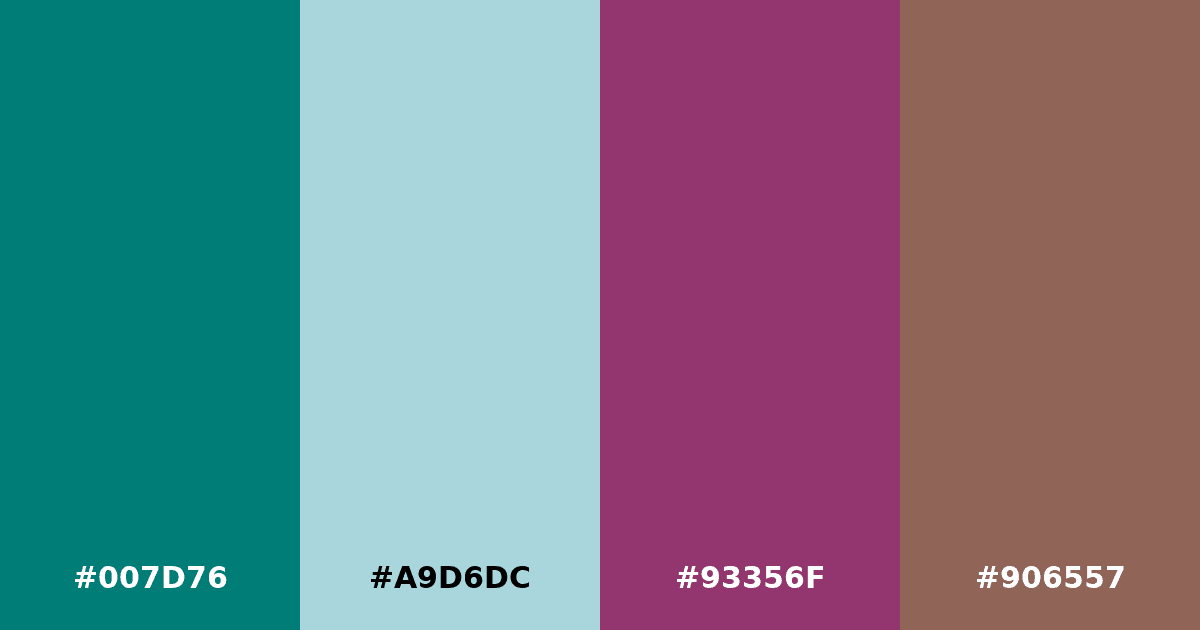 Color palette #007D76 #A9D6DC #93356F #906557