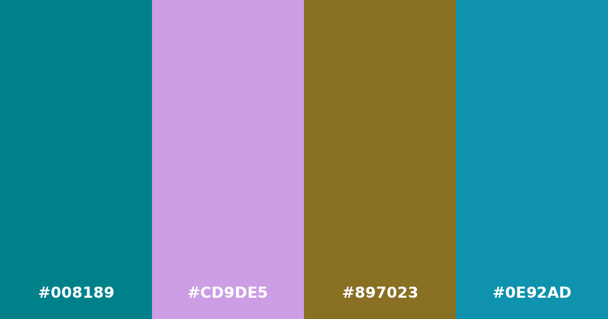 Color palette #008189 #CD9DE5 #897023 #0E92AD