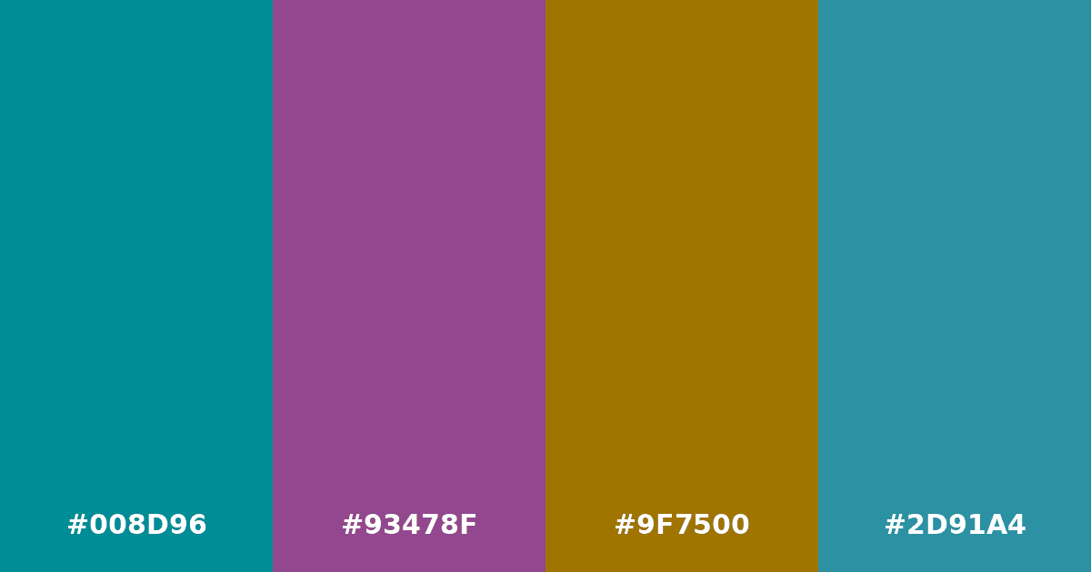 Color palette #008D96 #93478F #9F7500 #2D91A4