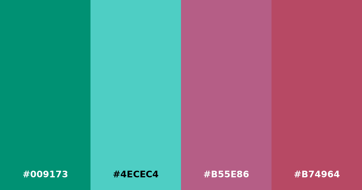 Color palette #009173 #4ECEC4 #B55E86 #B74964