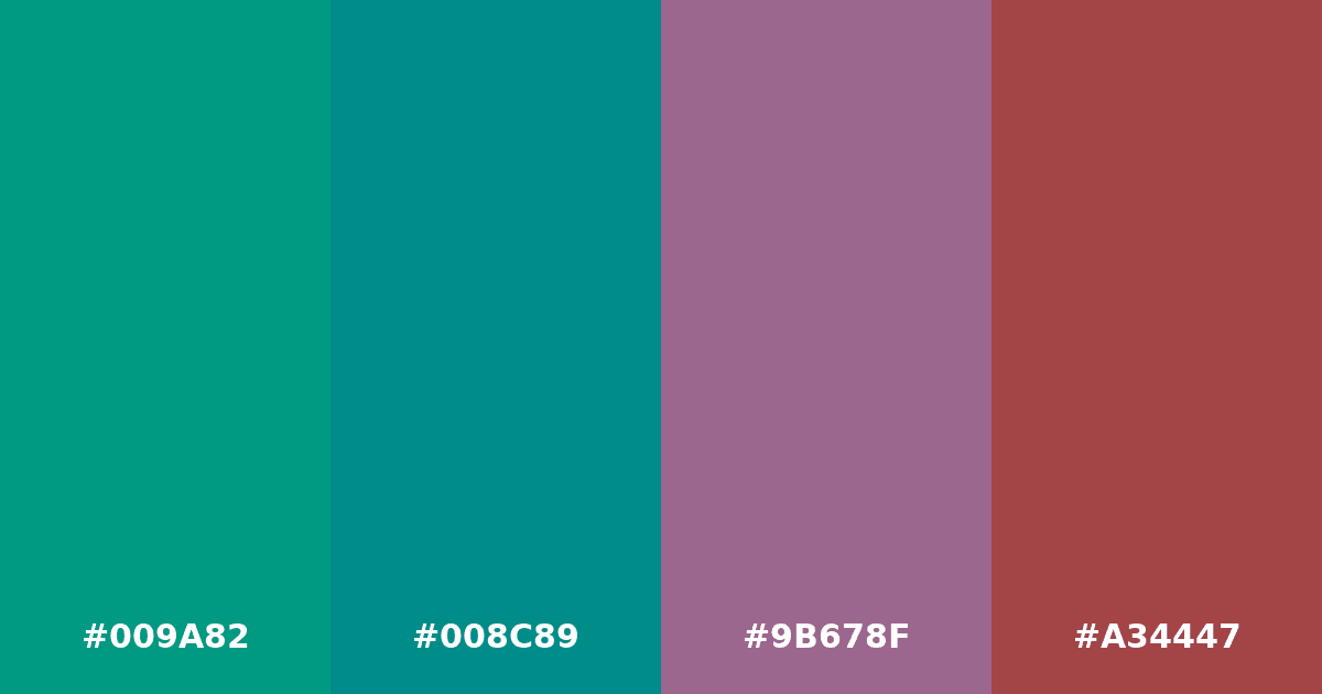 Color palette #009A82 #008C89 #9B678F #A34447