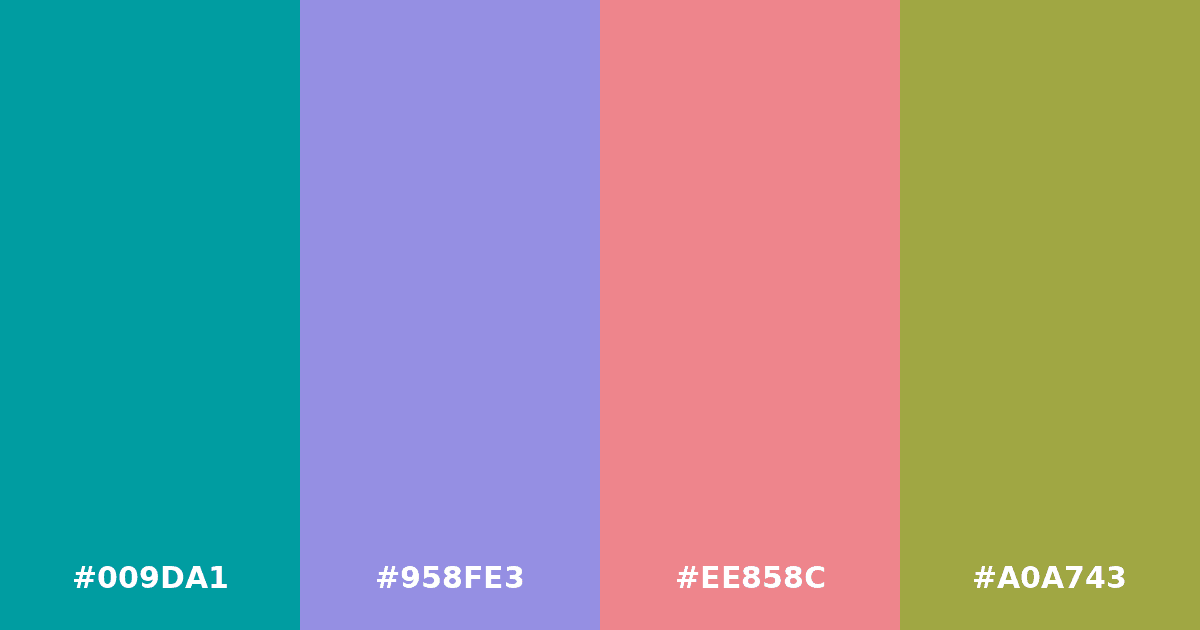 Color palette #009DA1 #958FE3 #EE858C #A0A743