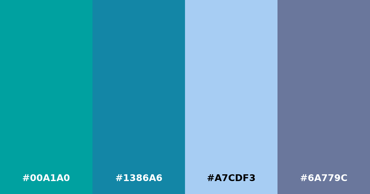 Color palette #00A1A0 #1386A6 #A7CDF3 #6A779C