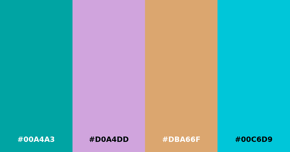 Color palette #00A4A3 #D0A4DD #DBA66F #00C6D9