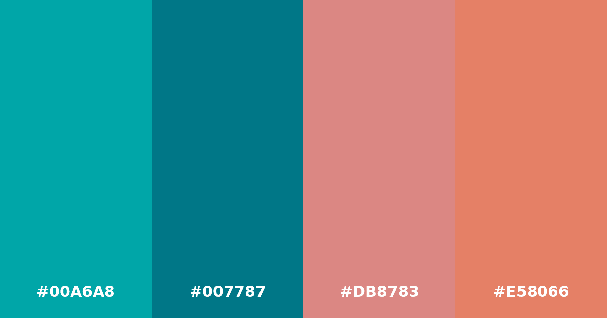 Color palette #00A6A8 #007787 #DB8783 #E58066