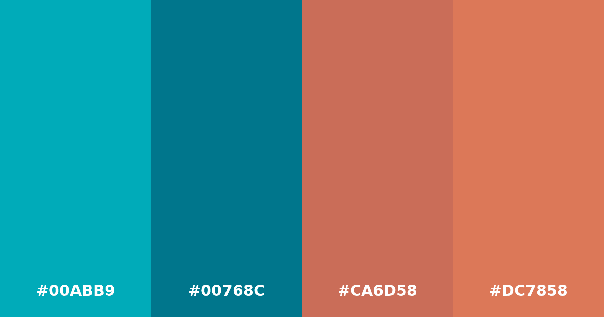 Color palette #00ABB9 #00768C #CA6D58 #DC7858