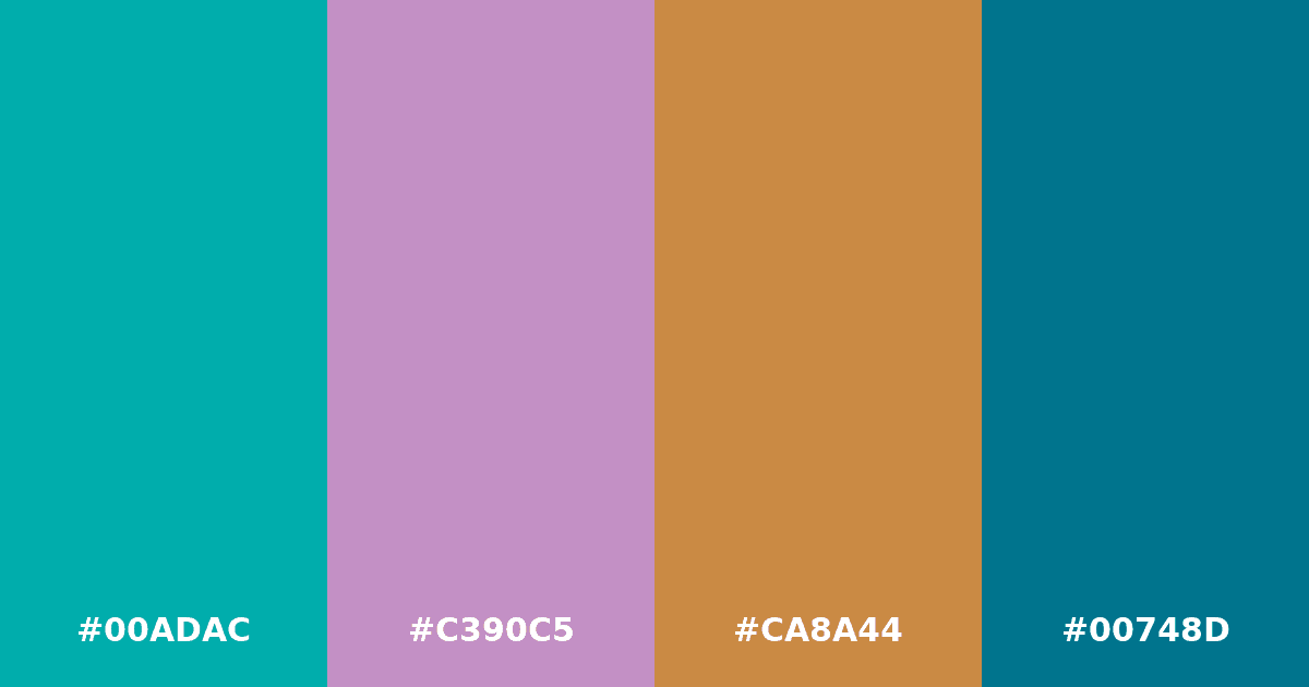 Color palette #00ADAC #C390C5 #CA8A44 #00748D