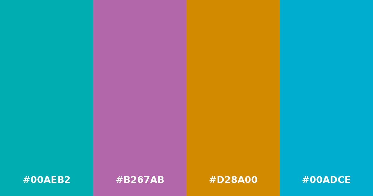 Color palette #00AEB2 #B267AB #D28A00 #00ADCE