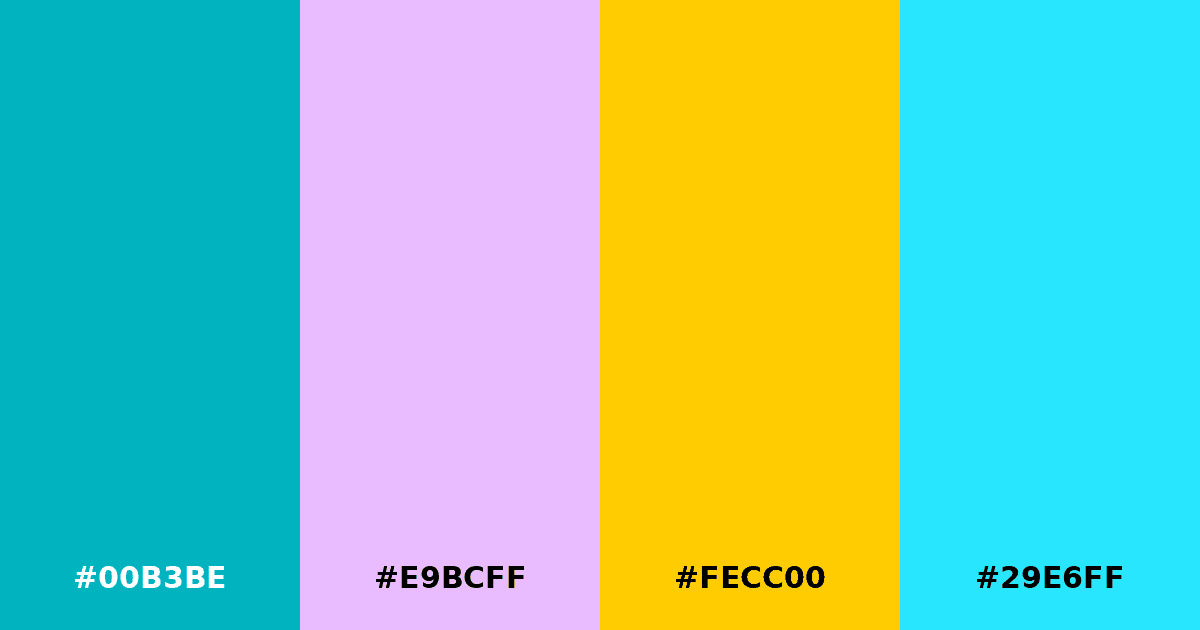 Color palette #00B3BE #E9BCFF #FECC00 #29E6FF