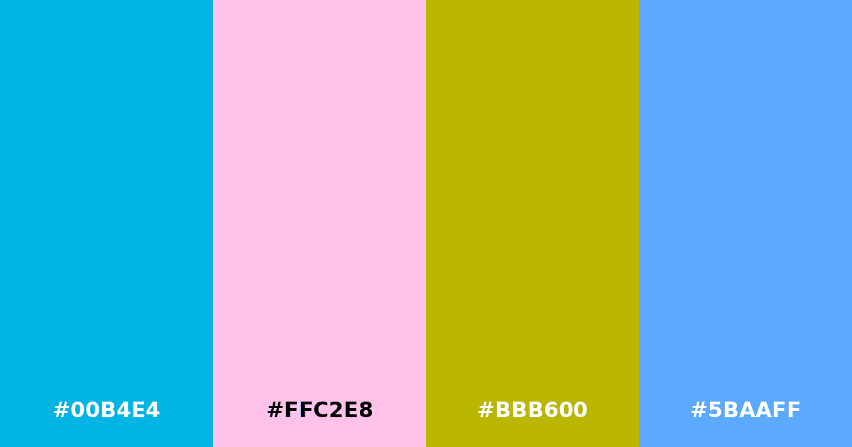 Color palette #00B4E4 #FFC2E8 #BBB600 #5BAAFF