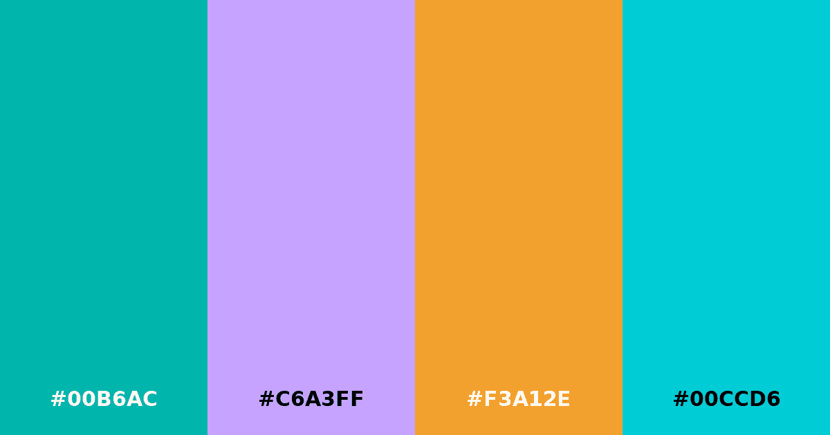 Color palette #00B6AC #C6A3FF #F3A12E #00CCD6
