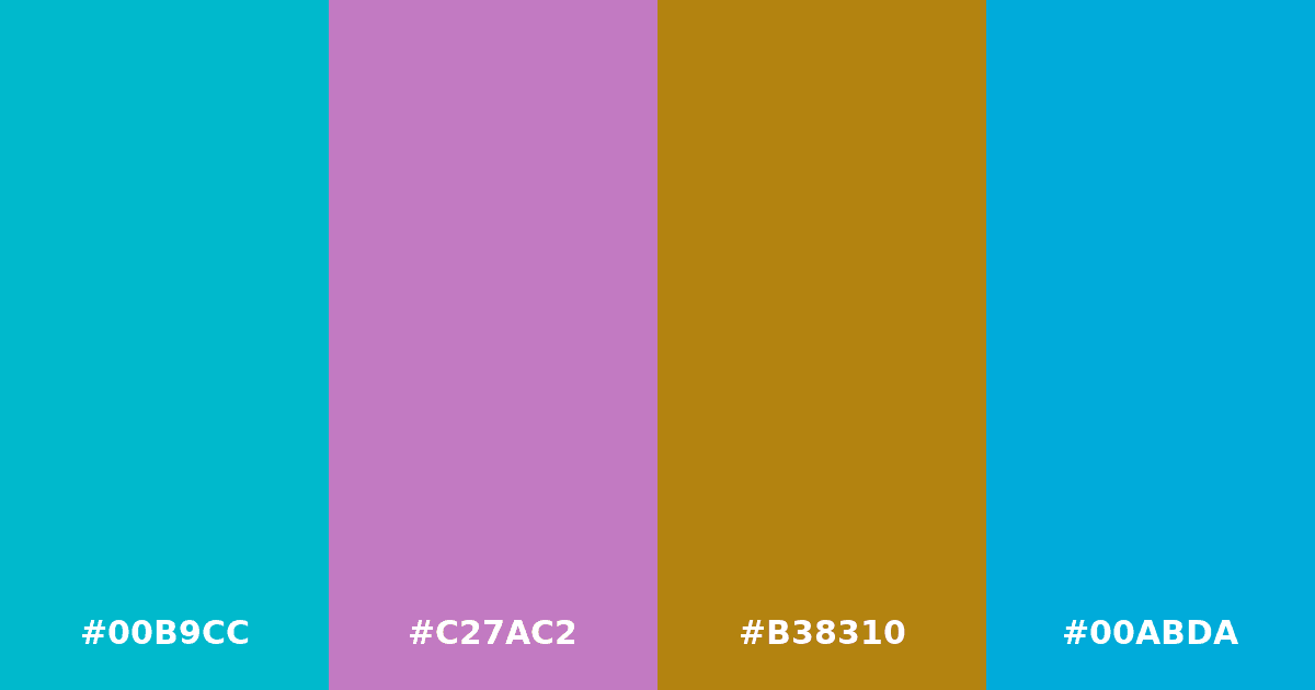 Color palette #00B9CC #C27AC2 #B38310 #00ABDA