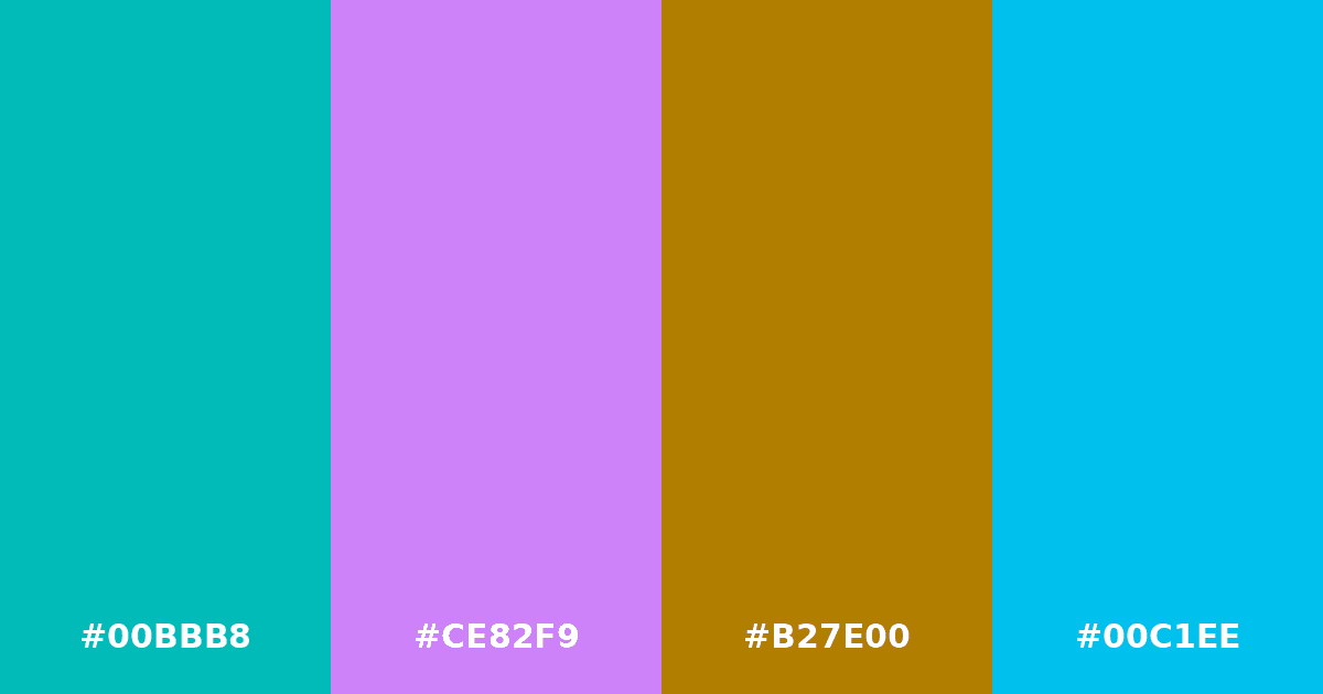 Color palette #00BBB8 #CE82F9 #B27E00 #00C1EE
