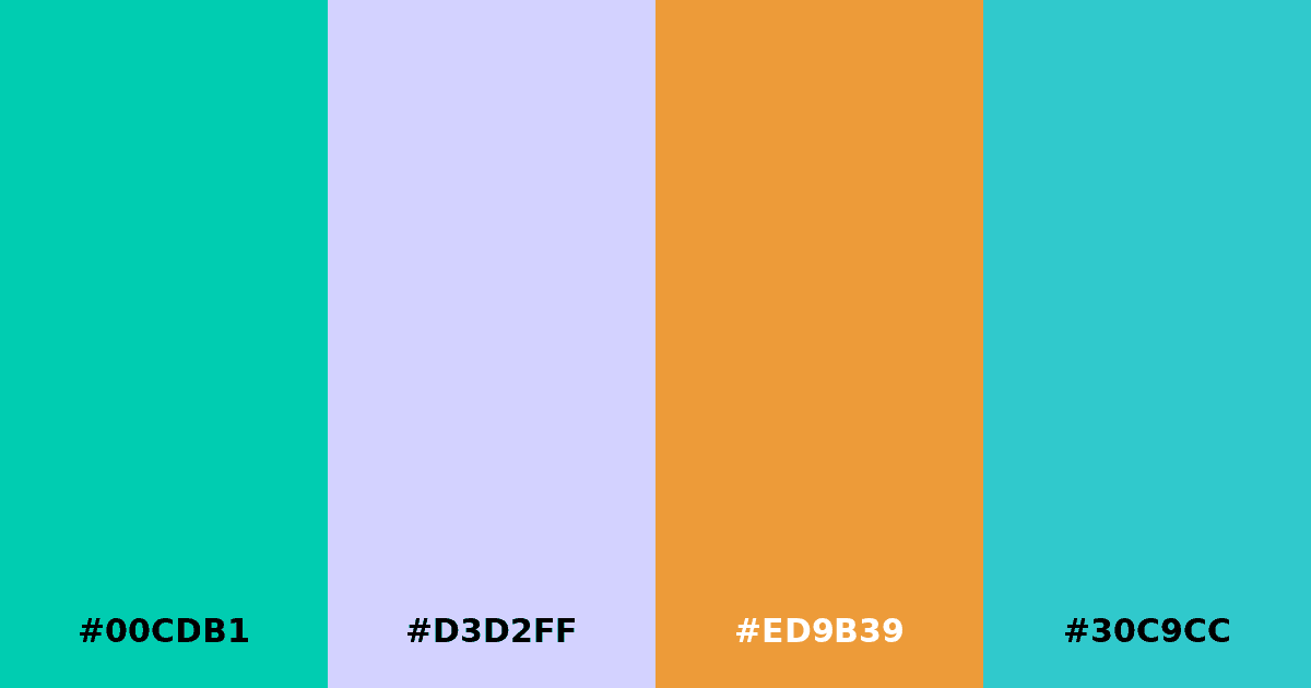 Color palette #00CDB1 #D3D2FF #ED9B39 #30C9CC