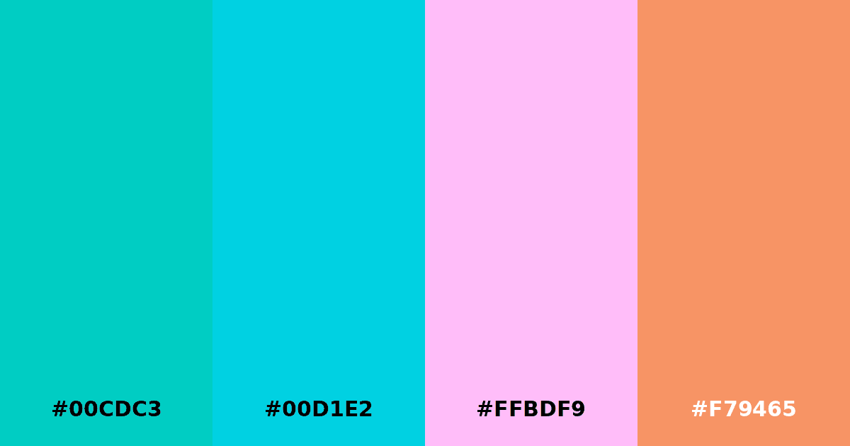 Color palette #00CDC3 #00D1E2 #FFBDF9 #F79465