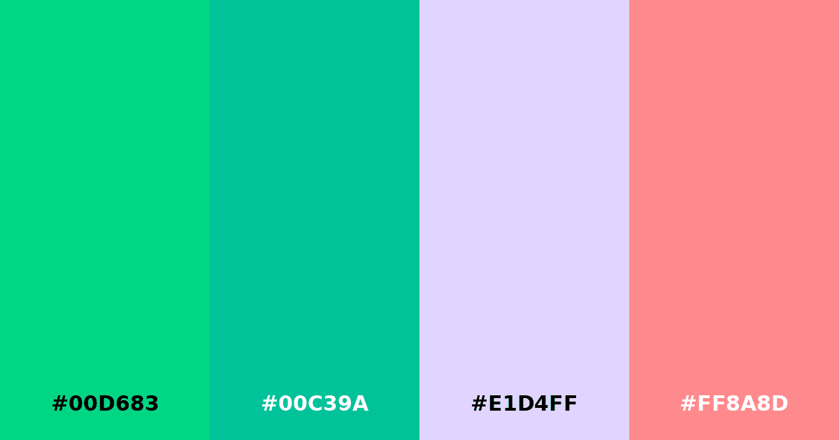 Color palette #00D683 #00C39A #E1D4FF #FF8A8D