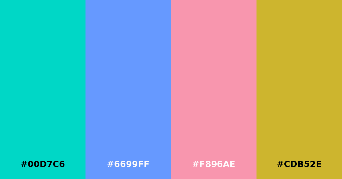 Color palette #00D7C6 #6699FF #F896AE #CDB52E