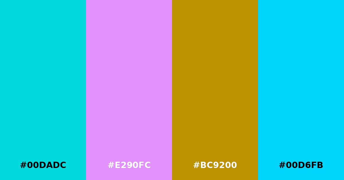 Color palette #00DADC #E290FC #BC9200 #00D6FB