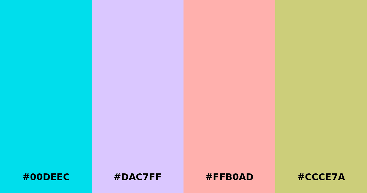 Color palette #00DEEC #DAC7FF #FFB0AD #CCCE7A