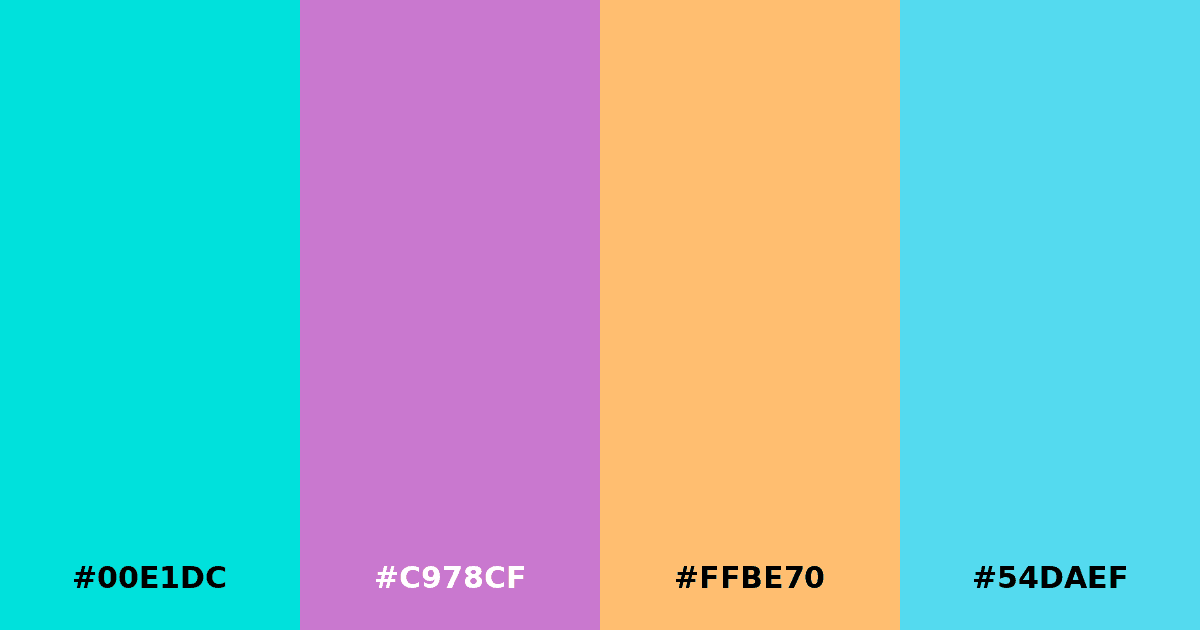 Color palette #00E1DC #C978CF #FFBE70 #54DAEF