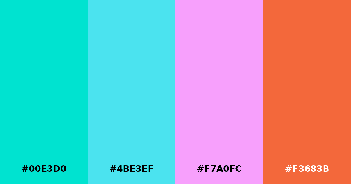 Color palette #00E3D0 #4BE3EF #F7A0FC #F3683B