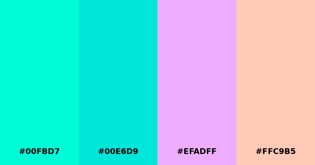 Color palette #00FBD7 #00E6D9 #EFADFF #FFC9B5