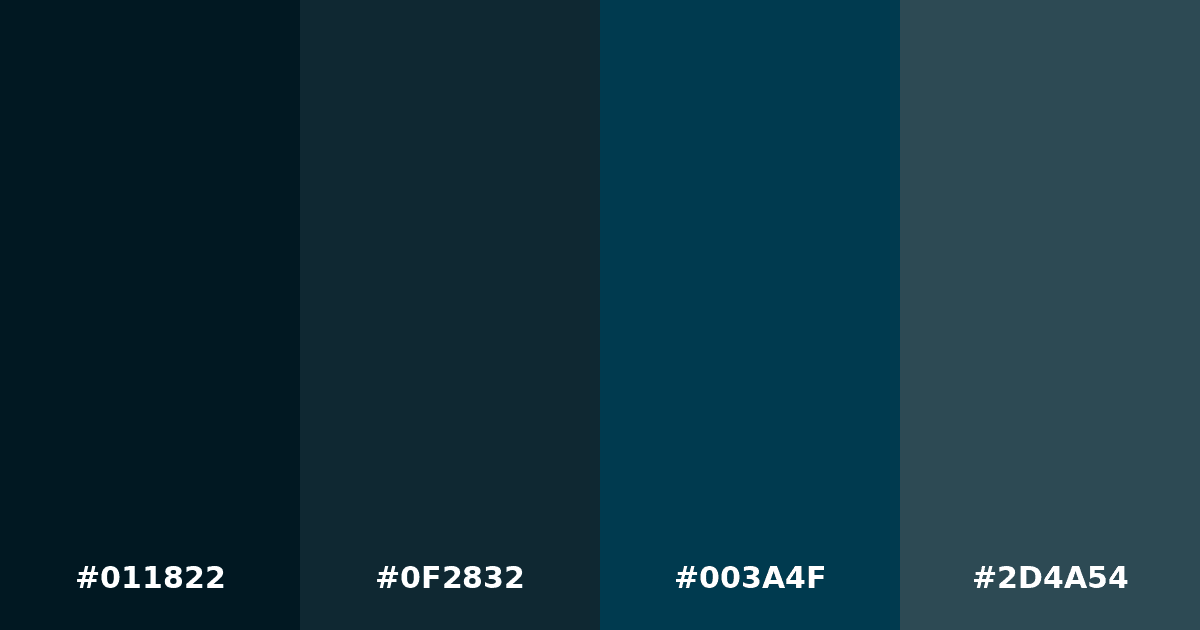 Color palette #011822 #0F2832 #003A4F #2D4A54
